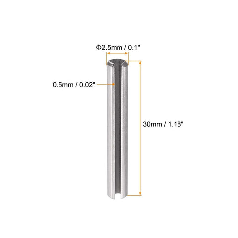 Slotted Spring Pin Set M2.5 X 30mm 304 Stainless Steel Tension Pin Split Dowel Pins Plain Finish 50Pcs Durable Corrosion Resistant Quick Positioning For Mechanical Assemblies And Reliable Fastening, close-up view showing dimensions and stainless steel material.