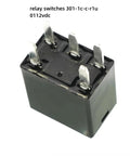 Four Pack 12V DC Automotive Relays SPDT 35A 5 Pin High Current Power Relay Model 301-1C-C-R1-U01 12VDC, close-up view