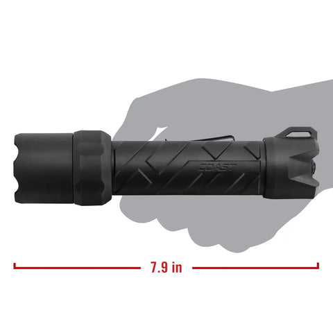Polysteel 600 Focusing LED Flashlight With 740 Lumens, Rugged 8-Inch Full-Size Power Beam held in silhouette hand