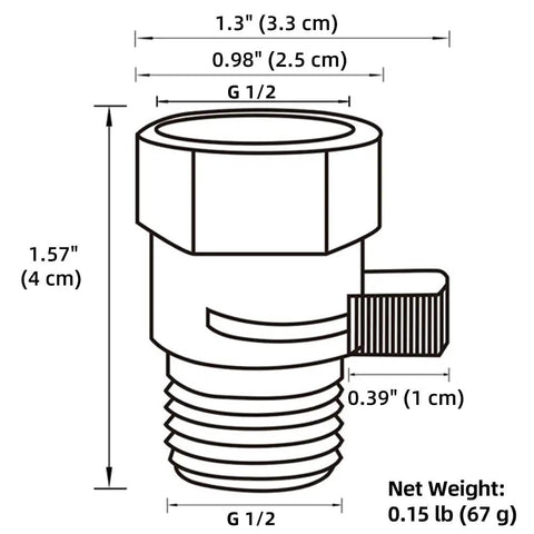 Universal Shower Head Flow Restrictor With G One Half Inch Adapter One Handed Non Slip Lever For Easy Flow Control Fits Most Shower Heads Brushed Nickel Finish dimensions diagram, G1/2 adapter, 1.57 in height