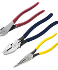 Set of 3 pliers from Pro Grade 28 Piece Hand Tool Kit With Pliers Screwdrivers Nut Drivers Hex Keys Level Crimper Wire Stripper Wire Cutter NCVT Flashlight GFCI Tester And Backpack For Jobsite Ready Pros And DIYers, featuring red, blue, and yellow handles.