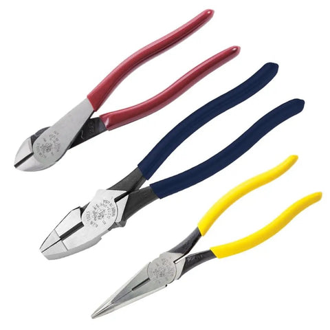 Set of 3 pliers from Pro Grade 28 Piece Hand Tool Kit With Pliers Screwdrivers Nut Drivers Hex Keys Level Crimper Wire Stripper Wire Cutter NCVT Flashlight GFCI Tester And Backpack For Jobsite Ready Pros And DIYers, featuring red, blue, and yellow handles.