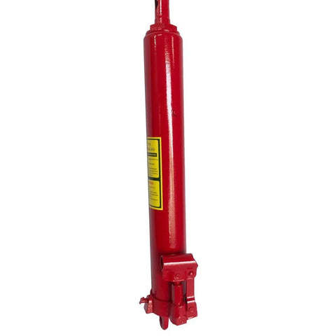 Amazon 8-ton hydraulic long-ram jack with clevis base, red, front view