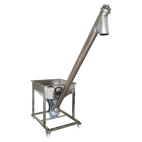 Stainless Steel Screw Conveyor With Vibrating Hopper For Powder Feeding, 4.5 Inch Inclined Auger Feeder, indoor industrial use.
