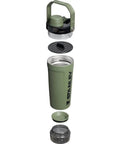 Rock Solid Leakproof Shaker Bottle With Connected Hinge Cap And Fast Flow Spout Built Tough For Gym Sessions And Trail Runs 20 Oz Tritan Protein Mixer disassembled view with green insulated body and separate lid components.