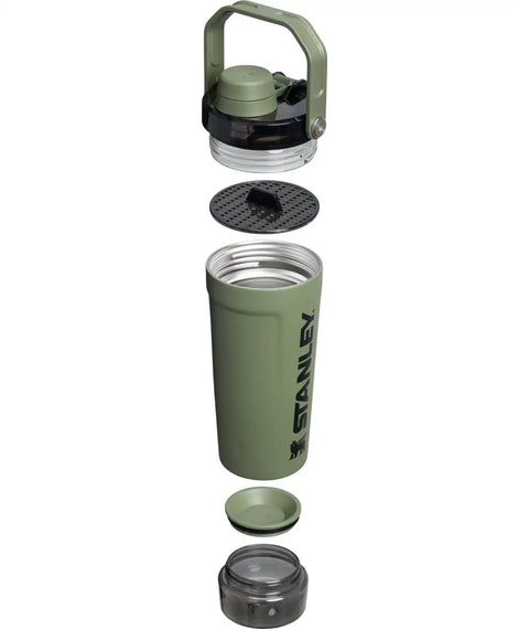 Rock Solid Leakproof Shaker Bottle With Connected Hinge Cap And Fast Flow Spout Built Tough For Gym Sessions And Trail Runs 20 Oz Tritan Protein Mixer disassembled view with green insulated body and separate lid components.