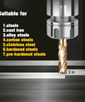 Gold-coated carbide end mill mounted in CNC milling spindle.