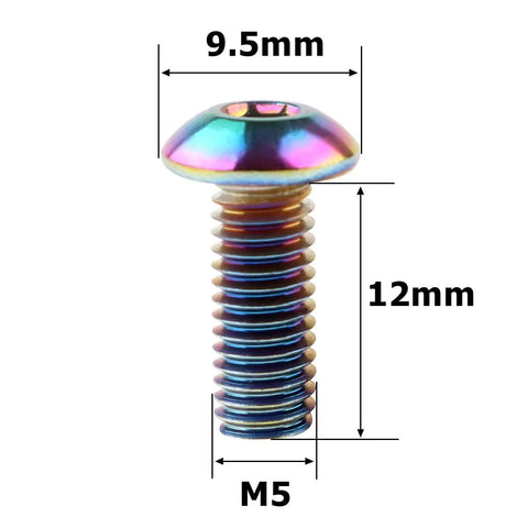 10 Pack M5x12mm Button Head Bike Screws Stainless Steel Allen Bolts Titanium Rainbow Finish, detailed view of screw with measurements.