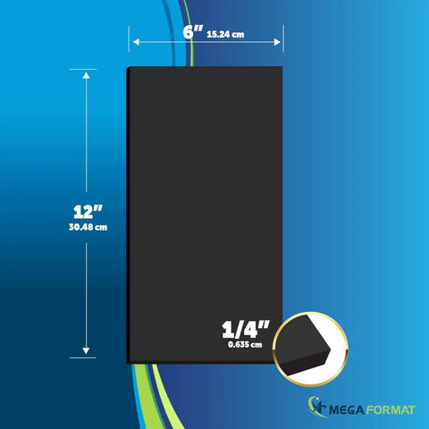 Expanded PVC Plastic Sheets 6 By 12 Inches Black Rigid Board For DIY Crafts Signage And Displays Waterproof Outdoor Use Quarter Inch Thick Sintra Celtec Compatible Durable Lightweight, showing dimensions.