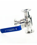 Heavy Duty Three Clamp Sanitary T Port Ball Valve Crafted From SUS 316L Stainless Steel Killing Drips Cold And Cutting Flow Clean Great For Food Industry Grinds And Home Plumbing Projects With Rock Solid 89mm Pipe Outer Diameter Bond, featuring stainless steel body and blue handle.