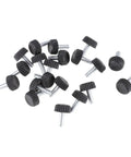 20 Pc Adjustable Furniture Feet With Threaded Plastic Glides No Sweat Setup showing a pack of threaded black glides for leveling furniture.