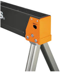Close-up of Tough As Nails Folding Sawhorses Heavy Metal Work Platform with non skid top and open lock mechanism.