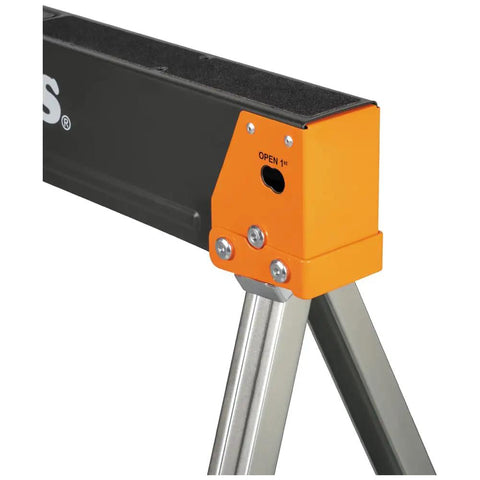 Close-up of Tough As Nails Folding Sawhorses Heavy Metal Work Platform with non skid top and open lock mechanism.