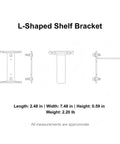 Diagram of L Shaped Aluminum Shelf Bracket in Gold Finish for Wall and Desktop Display with measurements shown