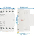 110V AC 4 Pole Modular Contactor Built For 63A Rating And 2NO 2NC Normally Open And Normally Closed Contacts For Forward And Reverse Motor Control Din Rail Mount For HVAC Motor Pump And Lighting Control, dimensions displayed.