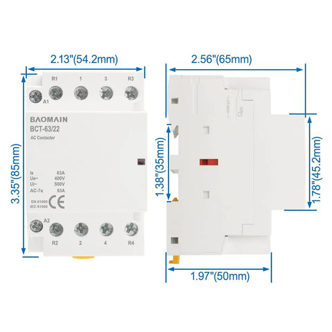 110V AC 4 Pole Modular Contactor Built For 63A Rating And 2NO 2NC Normally Open And Normally Closed Contacts For Forward And Reverse Motor Control Din Rail Mount For HVAC Motor Pump And Lighting Control, dimensions displayed.