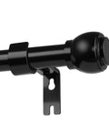 Close-up of a telescoping curtain rod, 66 to 120 inches, 1-inch steel, with easy install bracket and 360-degree finial, in black finish.