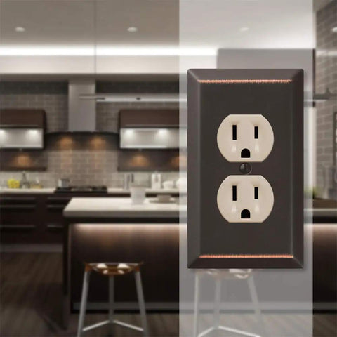Duplex Steel Wall Plate in Aged Bronze, 1 Pack Premium Outlet Cover enhancing a modern kitchen setting
