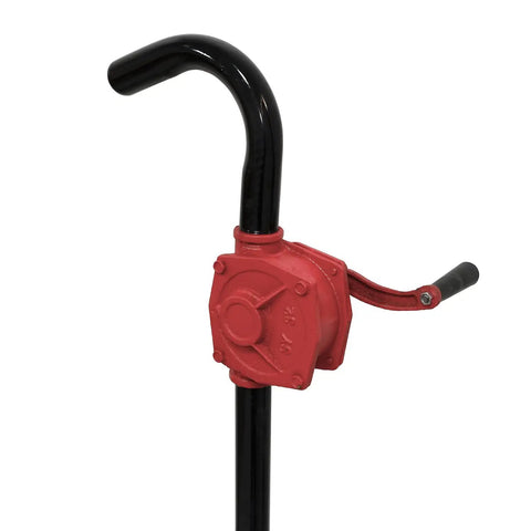 No Gimmicks Real Deal Heavy Duty Manual Rotary Hand Pump Made For Diesel Gasoline And Kerosene with red handle and black tube.