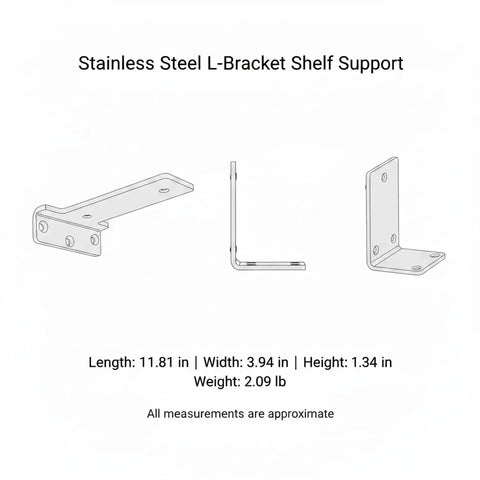 Heavy Duty Stainless Steel L Bracket Shelf Support Wall Mount For Floating Shelves And Cabinets 11.8 Inch By 3.9 Inch diagram