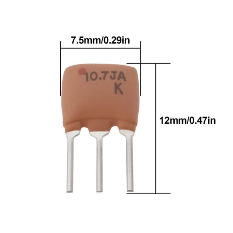 20 Pack Ten Point Seven Megahertz Ceramic Filter Crystal Oscillators For RF And IF Circuits showing 7.5mm x 12mm size