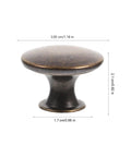 12 Pack Round Antique Brass Cabinet Pulls Single Hole Small Flat Head Metal Drawer Handles with measurements shown