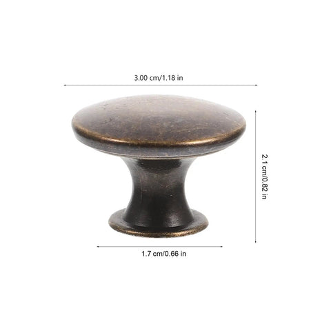 12 Pack Round Antique Brass Cabinet Pulls Single Hole Small Flat Head Metal Drawer Handles with measurements shown