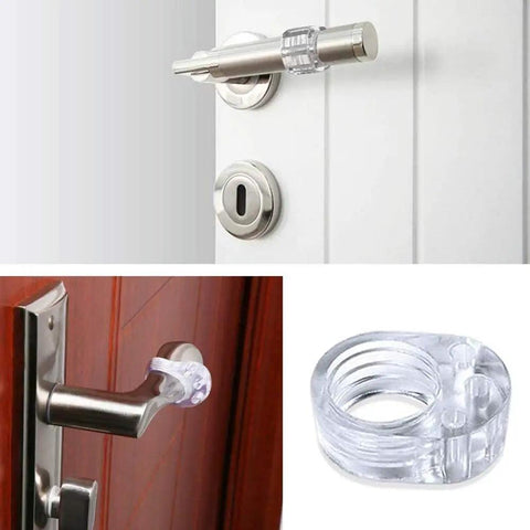 4 Pack Clear Silicone Door Stopper Guards for Handles, Wall and Cabinet Protection, visible on metal door handles