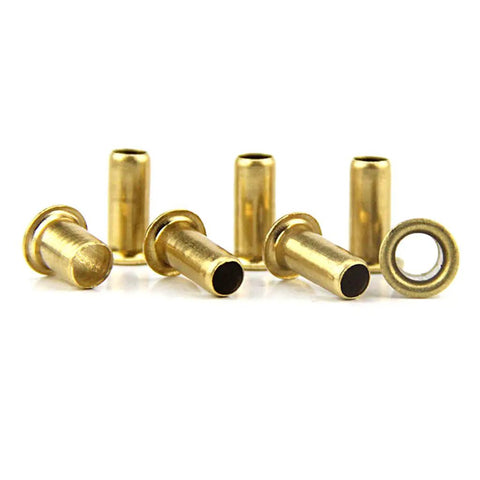 Copper Hollow Rivets Kit For Circuit Boards M0.9 M1.3 M1.5 M1.7 Mixed Sizes close-up on white backdrop