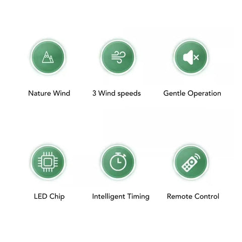 Onythral Mini Ceiling Fan with LED Fan Light White 180 Degree Lighting feature icons showing functions like remote control and wind speeds.