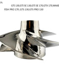 Premium Four Blade Steel Motorboat Propeller Designed For Big And Small Shaft Rigs On 130 155 170 Engines shown from an angled view.