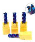 Front view of five blue-coated 4-flute carbide end mills in yellow holders; inset shows cutting-edge detail.