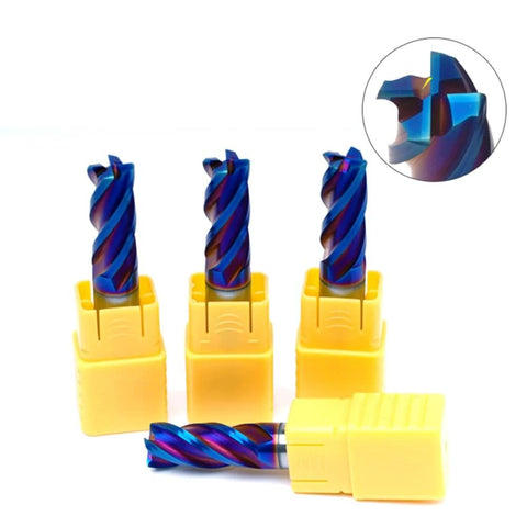 Front view of five blue-coated 4-flute carbide end mills in yellow holders; inset shows cutting-edge detail.