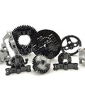 Close-up of gears and parts from Technical Car Suspension Building Kit With 144 Pieces Including Wheels Connectors Shock Absorbers Turntable.