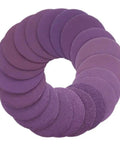 Get 100 Pieces Of Awesome 5 Inch Round Sanding Discs For Wet Dry Polishing Wood Metal And More From Grit 80 To 600 Including The Super Smooth 320 Grit You Need To Make Your Projects Look Totally Rad Without Breaking The Bank. Various grits of purple 5-inch sanding discs arranged in a circular pattern.