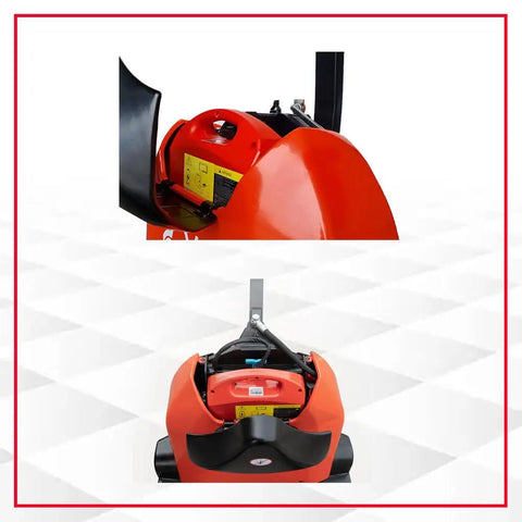 Top Rated 48 Inch By 27 Inch Full Electric Pallet Jack With Lithium Ion Battery 3300 Lb Capacity 24 Volt 30 Ah rear view of control panel and battery