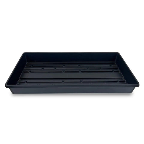 Close-up of a single black plastic tray from Five Pack Black Plastic Growing Trays Without Drain Holes, 21 By 11 By 2 Inches for plants.