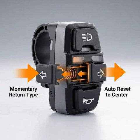 Ride Ready All In One 3 In 1 Motorcycle Handlebar Control Switch With Headlight Turn Signal And Horn Mount On 22mm Seven Eighth Inch Handlebars For Motorbikes Electric Bikes And Scooters 12V To 48V Compatible, showing buttons and arrows indicating momentary return type and auto reset to center.