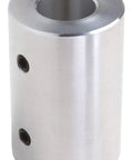 Straight Up Rigid Shaft Coupling Built Tough For Heavy Duty Motors And Smooth Power Transmission Made In USA Plain Aluminum With Set Screw Grip 1 1 8 Inch Bore 3 Inch Overall Length, showing smooth aluminum surface and bore.