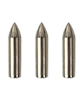 Three stainless steel field points for arrows, viewed straight on. 20 Piece Stainless Steel Glue On Field Points For Target Arrows Built Tough For Bamboo Wooden Fiberglass And Carbon Arrows Ideal For Target Practice And Hunting.