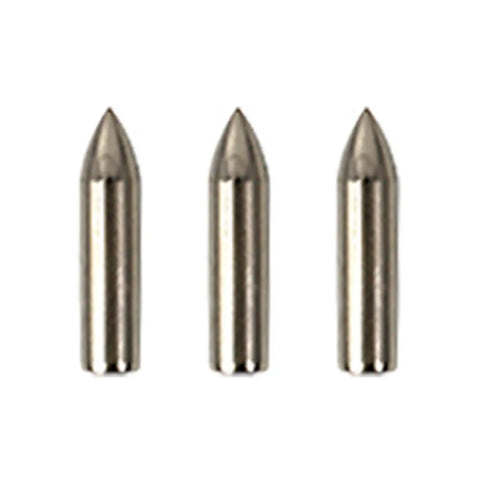Three stainless steel field points for arrows, viewed straight on. 20 Piece Stainless Steel Glue On Field Points For Target Arrows Built Tough For Bamboo Wooden Fiberglass And Carbon Arrows Ideal For Target Practice And Hunting.
