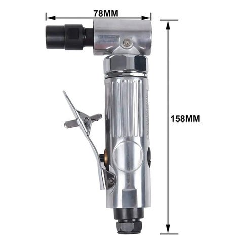 Heavy Hitter 90 Degree Angle Sander With 2000 RPM Variable Throttle And Inline Regulator Compact Pneumatic Mini Grinder side view with dimensions.