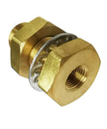 Quarter Inch NPT Female Brass Bulkhead Tank Fitting One And Half Inch Length Pack Of Two Beefy Heavy Duty Bulkhead Couplings With Washer And Nut For Airtight Seal 1200 PSI Max From Minus Sixty Five To Two Hundred Fifty Fahrenheit Corrosion Resistant brass bulkhead fitting with washer and nut