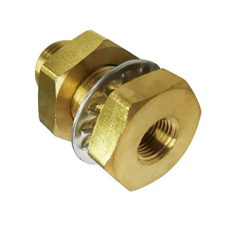 Quarter Inch NPT Female Brass Bulkhead Tank Fitting One And Half Inch Length Pack Of Two Beefy Heavy Duty Bulkhead Couplings With Washer And Nut For Airtight Seal 1200 PSI Max From Minus Sixty Five To Two Hundred Fifty Fahrenheit Corrosion Resistant brass bulkhead fitting with washer and nut