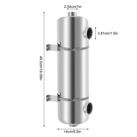 200KBTU Pool Heat Exchanger With 304 Stainless Steel Shell And Tubes, Same Side Ports 1 Inch And One Half Inch Fpt, 4.8 Sq Ft Heat Transfer Area For Swimming Pools, Spas, Hot Tubs, And Solar Heating