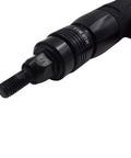 Close-up of Air Powered Rivet Nut Tool Kit With Half Inch And Three Eighths Mandrels, black metal mandrel attachment.