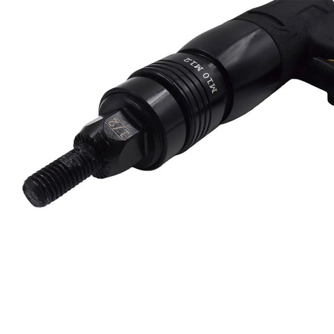 Close-up of Air Powered Rivet Nut Tool Kit With Half Inch And Three Eighths Mandrels, black metal mandrel attachment.