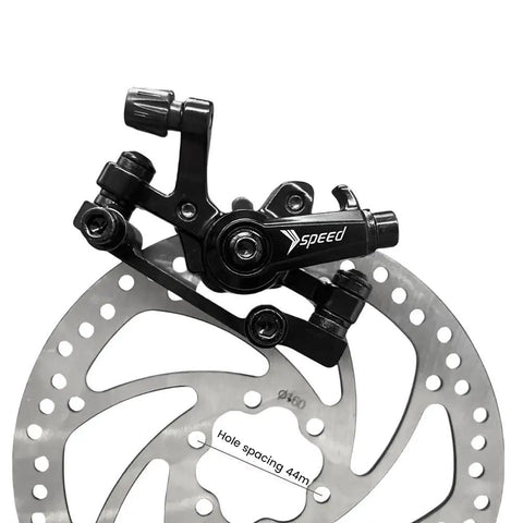 Rock Solid Mechanical Disc Brake Set For Mountain Bikes featuring steel rotor and black caliper piston with 44mm hole spacing.