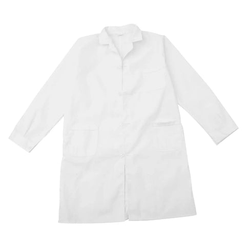 Pro Grade Lab Coat For Men And Women, long-sleeve white cotton medical coat, front view, suitable for hospital and lab work, unisex design.