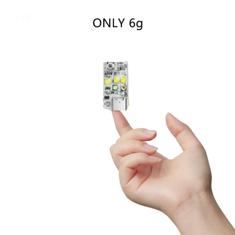 Hand holding lightweight 6g Drone Strobe Light Anti Collision Beacon For Night Flying With FAA Compliance Ultra Bright 5x3W LEDs.